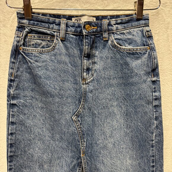 Zara Maxi Denim Skirt Womens XS Y2K Jean Blue Front Slit Streetwear Frayed 90s - Picture 2 of 14